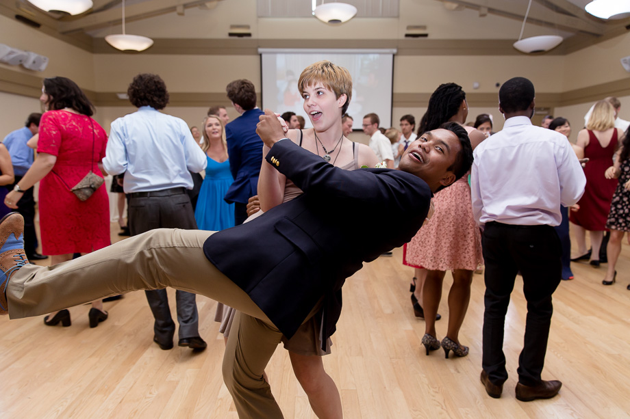 Wedding guests dancing at the wedding reception at Ladera Oaks