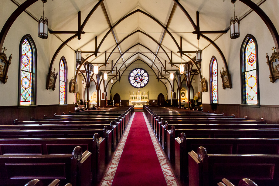 Inside the empty interior of the Church of the Nativity in Menlo Park just before the wedding