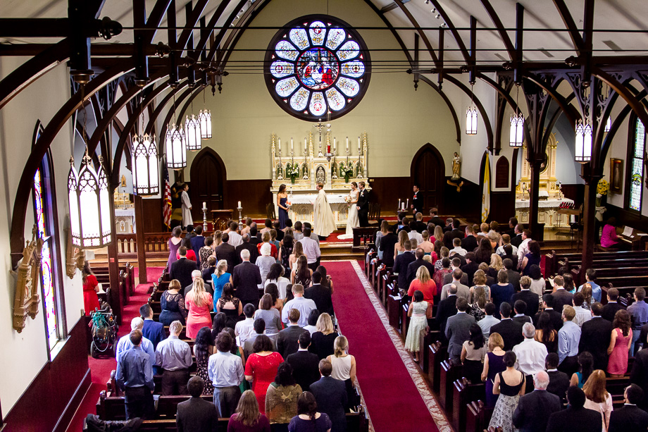 The Church of the Nativity filled with guests who are watching the marriage ceremony