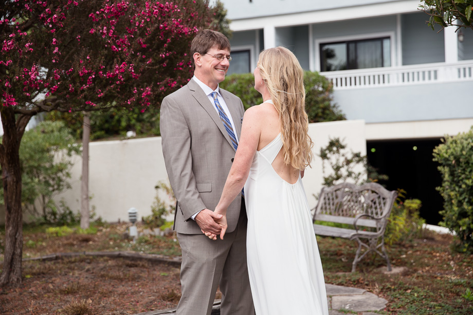 A romantic first look outside Oceano Hotel in Half Moon Bay