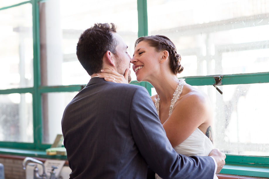 Romantic wedding photo taken in an art classroom
