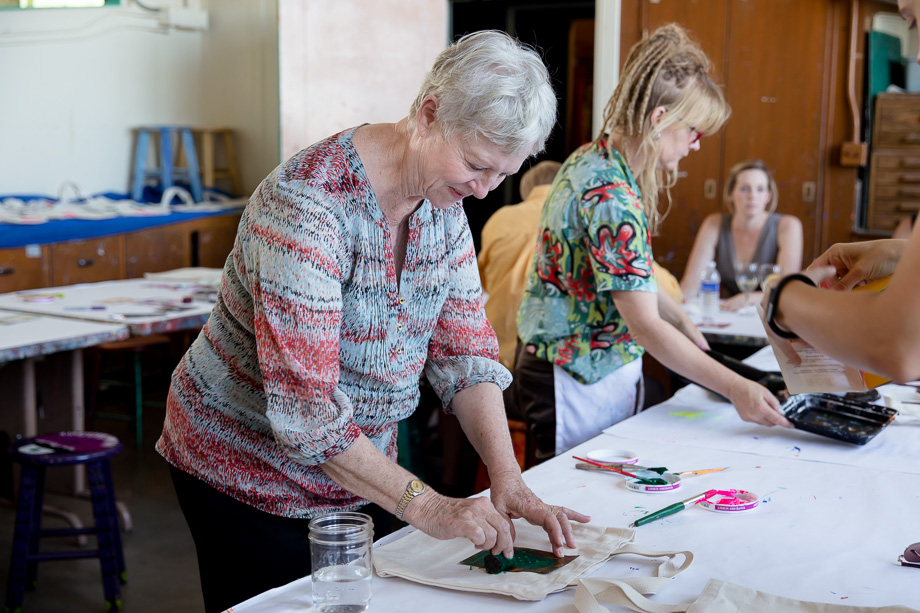 Fun cocktail hour ideas - DIY tote bag hosted in an art craft room