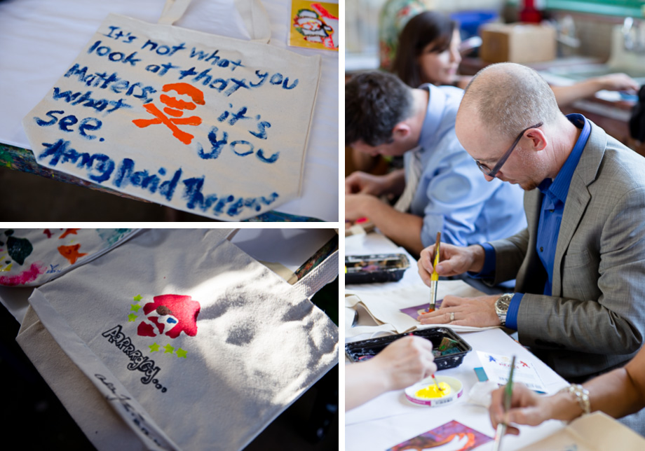 A DIY tote bag crafting project hosted by the bride and groom during cocktail hour