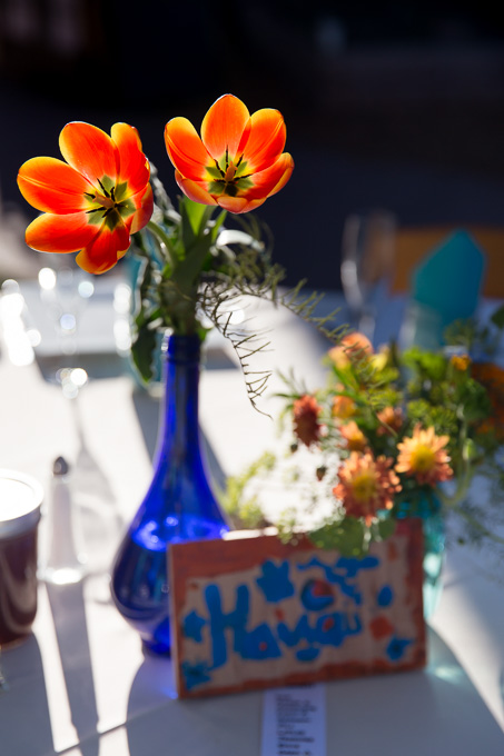 Blue and orange wedding ceterpiece