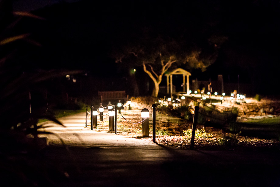 Long-exposure photo at night of the New Alamaden Quicksilver Mining Museum walkway