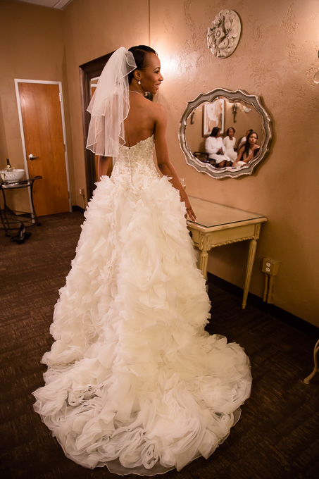 back of a romantic ruffle wedding dress