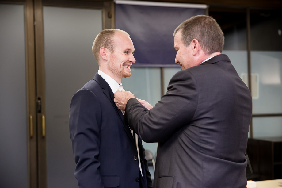 Grooms tie was made of a piece of fabric from the brides dress