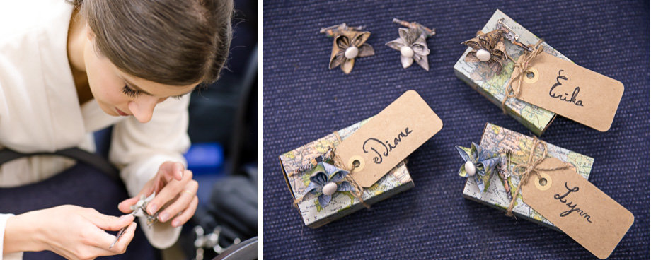 DIY origami boutonniere and guest favors made by the bride