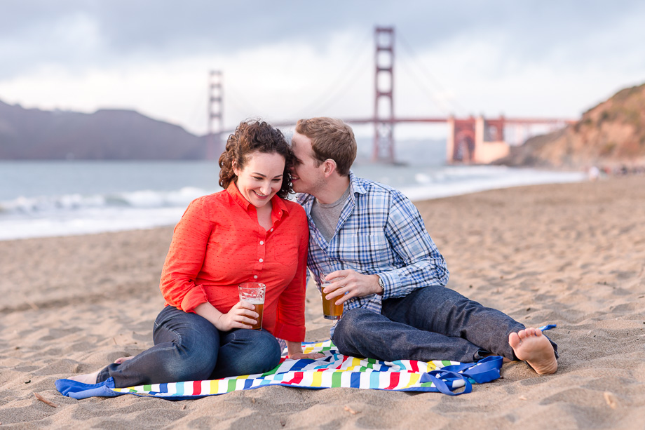 golden gate bridge engagement photo with craft beer