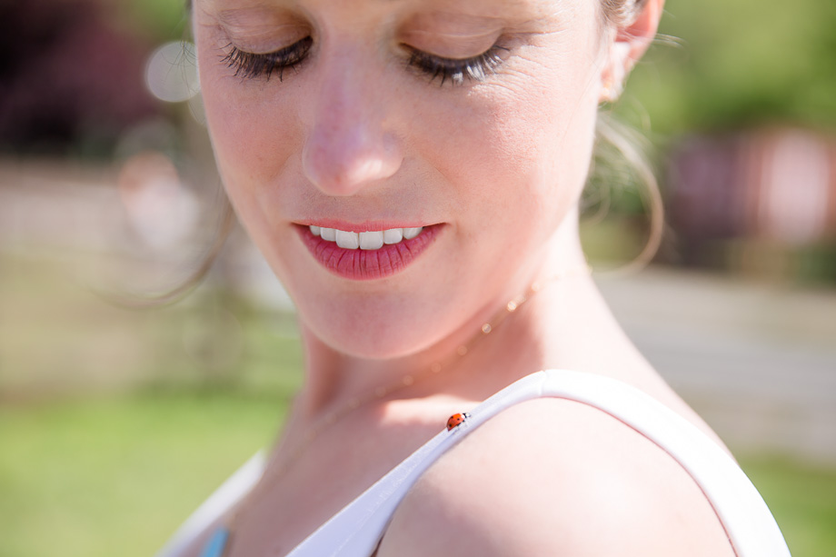A lucky ladybug landed on the wedding gown