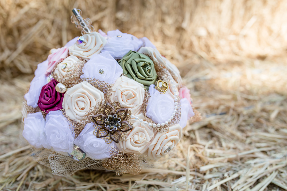 handmade silk bridal bouquet which also serves as a beer holder - Sonora Union Hill Inn wedding