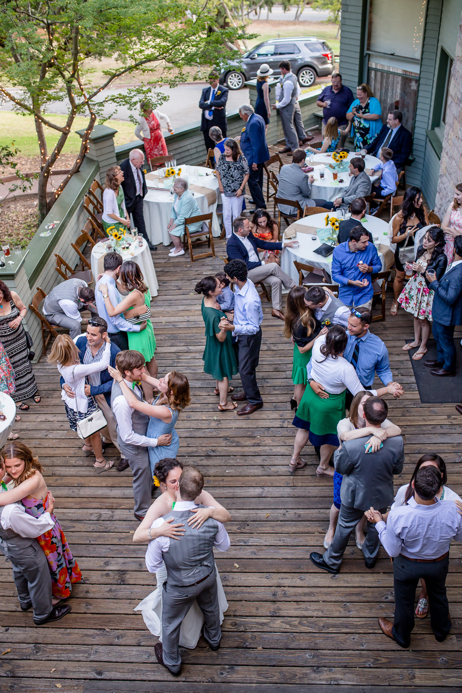 wedding guests dancing at the Falkirk Mansion patio