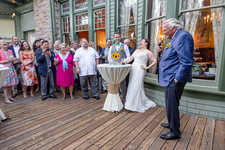 grandpa giving a funny toast at the wedding reception at Falkirk Mansion