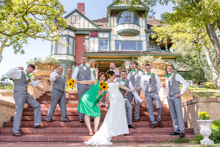 fun photo with wedding party in front of Falkirk Mansion