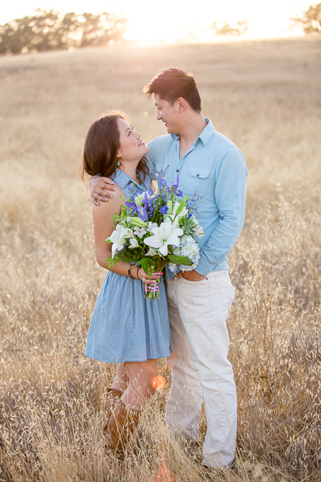 romantic Palo Alto Arastradero Preserve surprise proposal & engagement photo in golden grassy field