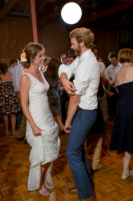 bride and groom partying with guests at nighttime reception