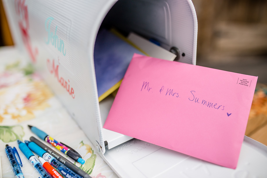 unique idea for a rustic wedding - a customized mailbox on the sign in table as wedding letter holder