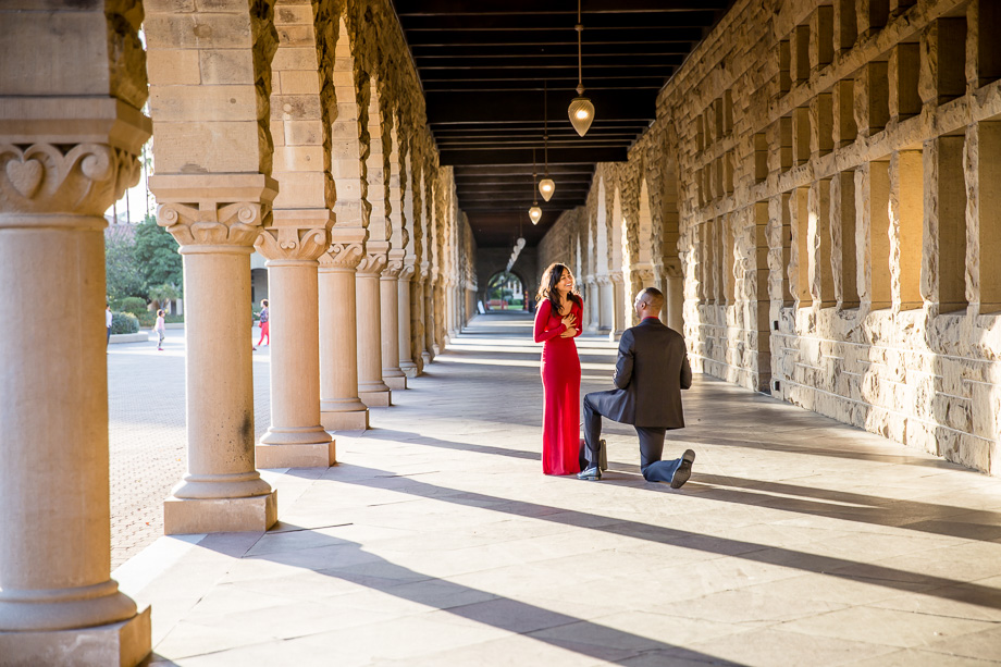 a sweet moment of a stanford main quad surprise proposal