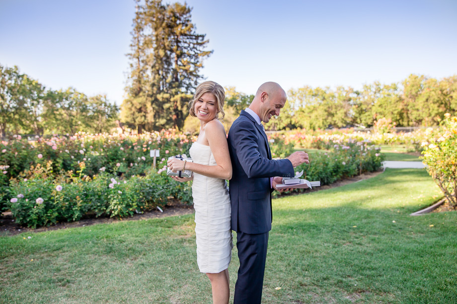 sweet first look and gift exchange at san jose municipal garden