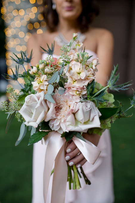 soft pastel color pink and white bridesmaid bouquet with light pink bridesmaid dress