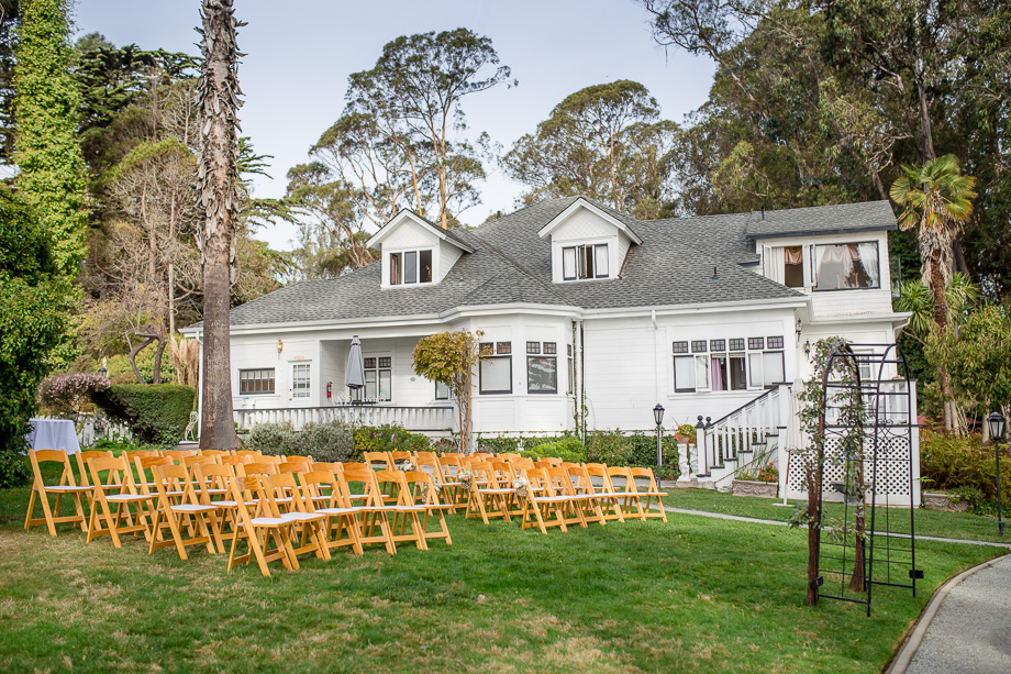 wedding ceremony setup at monarch cove inn garden
