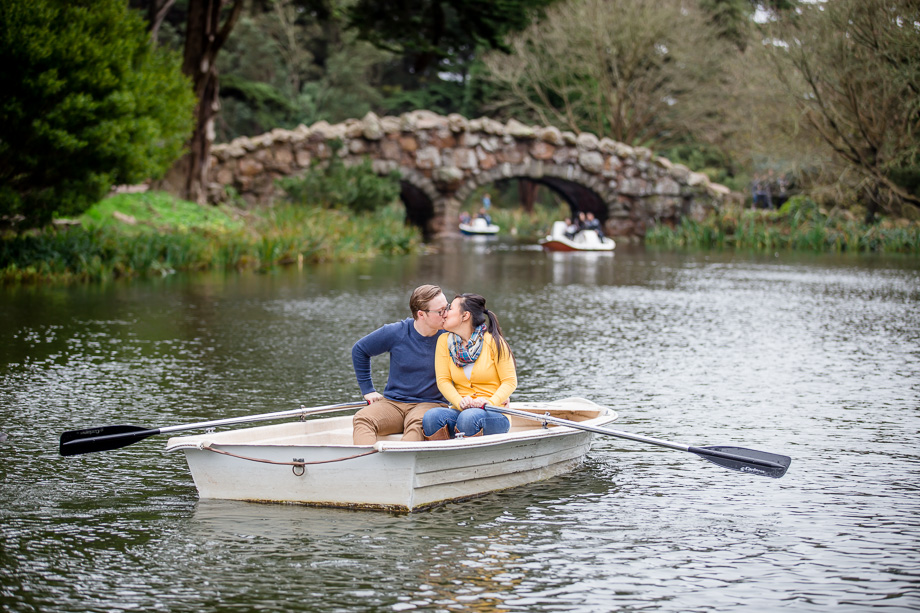 San Francisco Golden Gate Park Stow Lake stone bridge row boat engagement photo