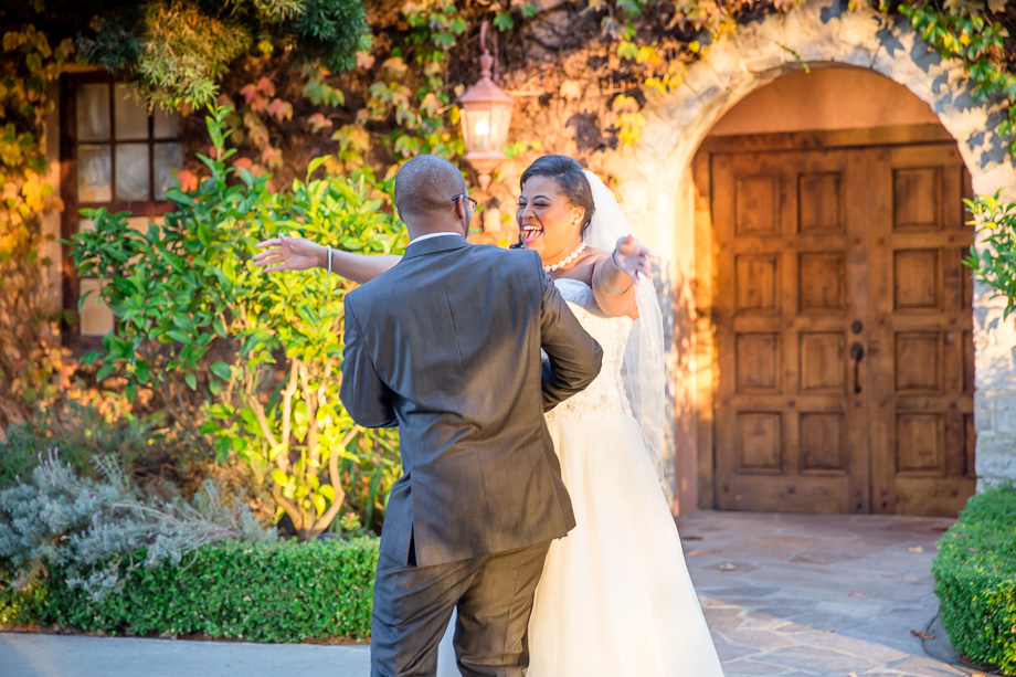 bride and groom happy and excited to see each other for first look at Grandview Pavilion