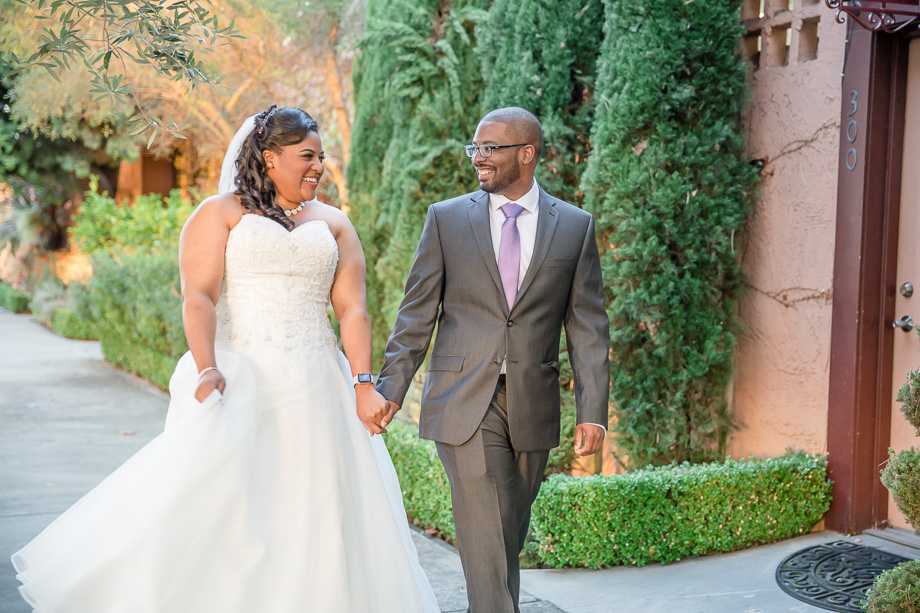 bride and groom walking outside Grandview Pavilion
