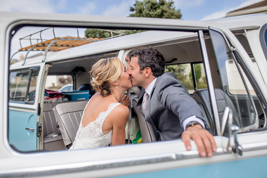wedding portrait in a Volkswagen bus - Half Moon Bay Mavericks Event Center wedding