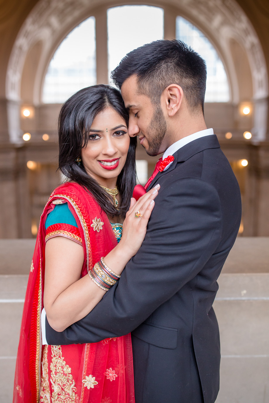 romantic wedding portrait of the bride and groom at San Francisco City Hall