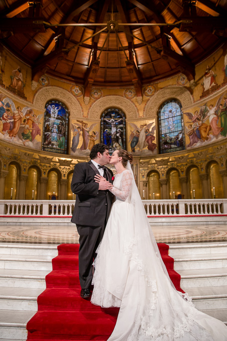 bride and groom standing on Stanford Memorial Church steps