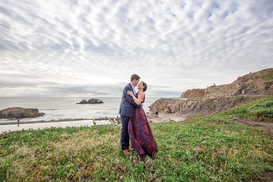 Sutro Baths couple portrait with dramatic skies