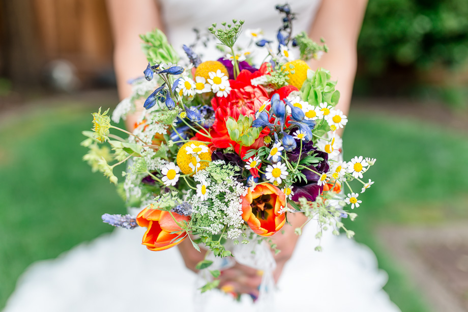 colorful bouquet for rainbow themed wedding