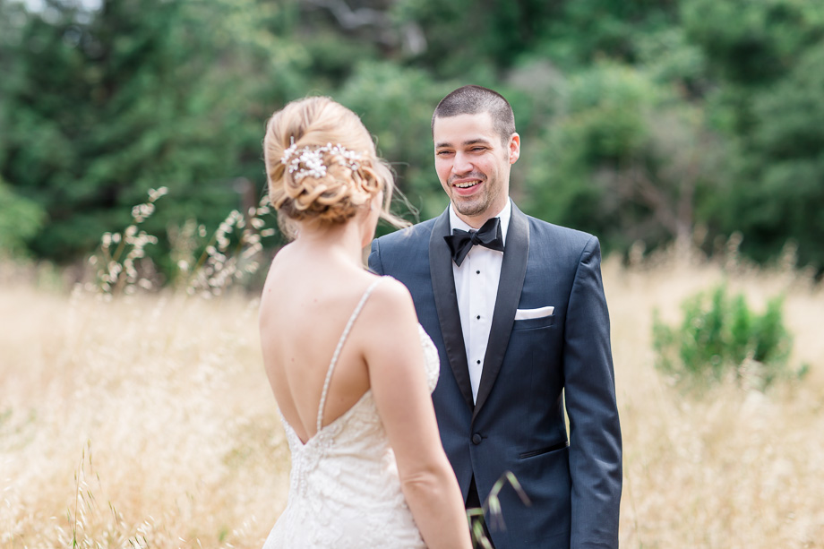 groom sees bride for the first time on their wedding day