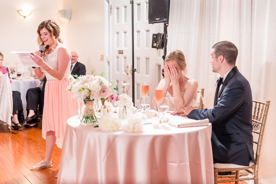 bridesmaid made a funny toast dueing reception