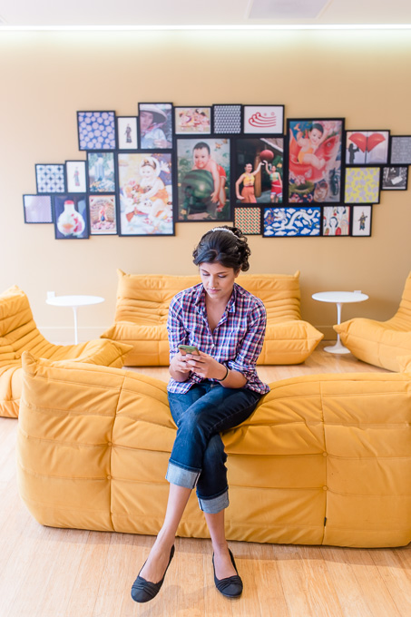 bride at her bright bold color changing room
