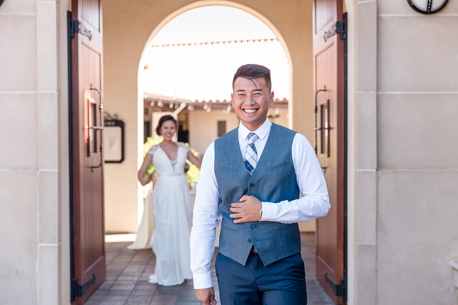 bride and groom at their first look