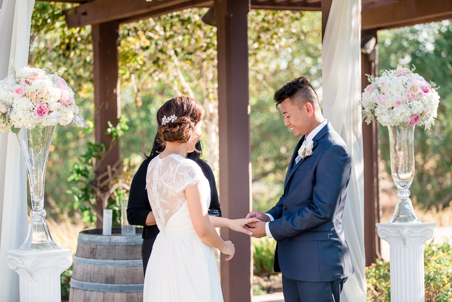 putting on the ring for the bride