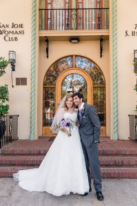 bride and groom outside san jose womans club