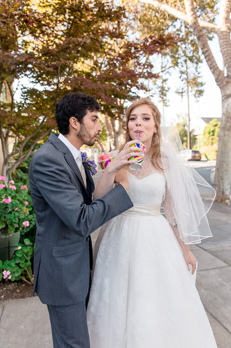 bride and groom enjoying their seven eleven slurpee