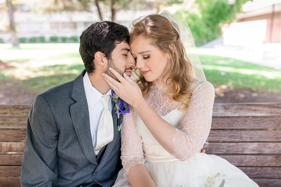 romantic wedding portrait on San Jose State campus