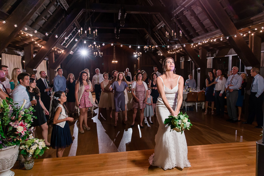 wedding bouquet toss at Mill Valley Outdoor Art Club