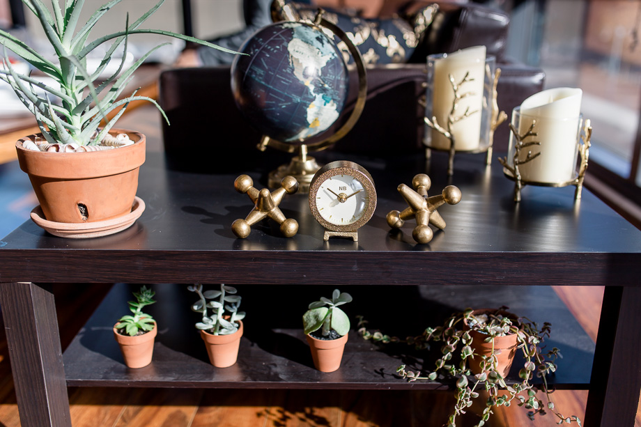 cute decor at the couples San Francisco apartment for their engagement pictures