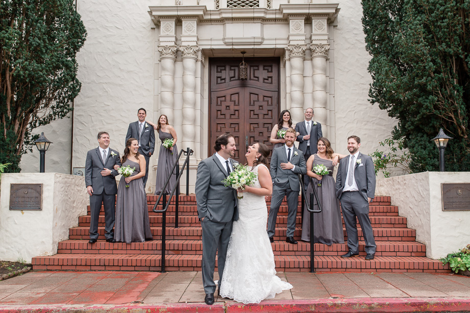 a cute wedding party photo outside the Presidio Church that makes you smile