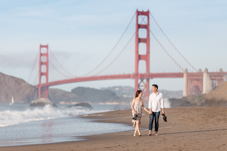 romantic golden gate bridge engagement photo on baker beach