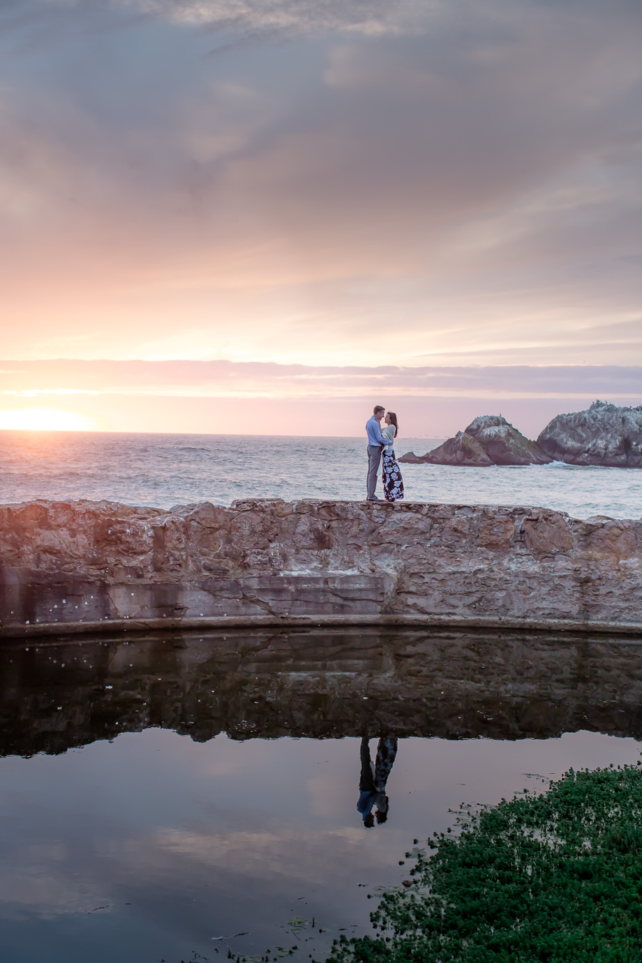 sunset water reflection save the date couple portrait