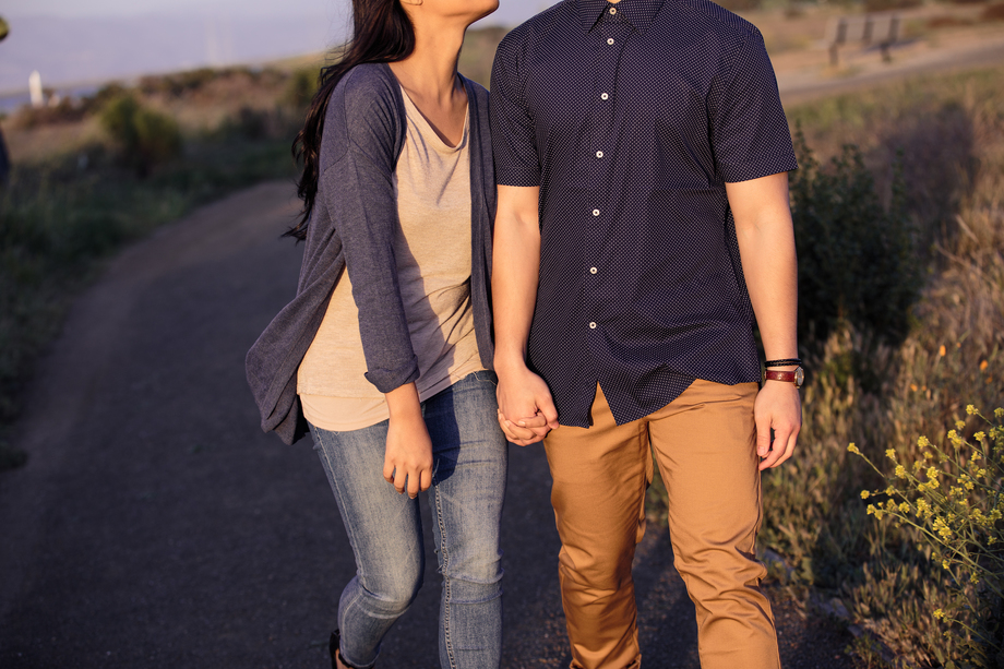 Timeless engagement photo taken at the Shoreline Park, Mountain View